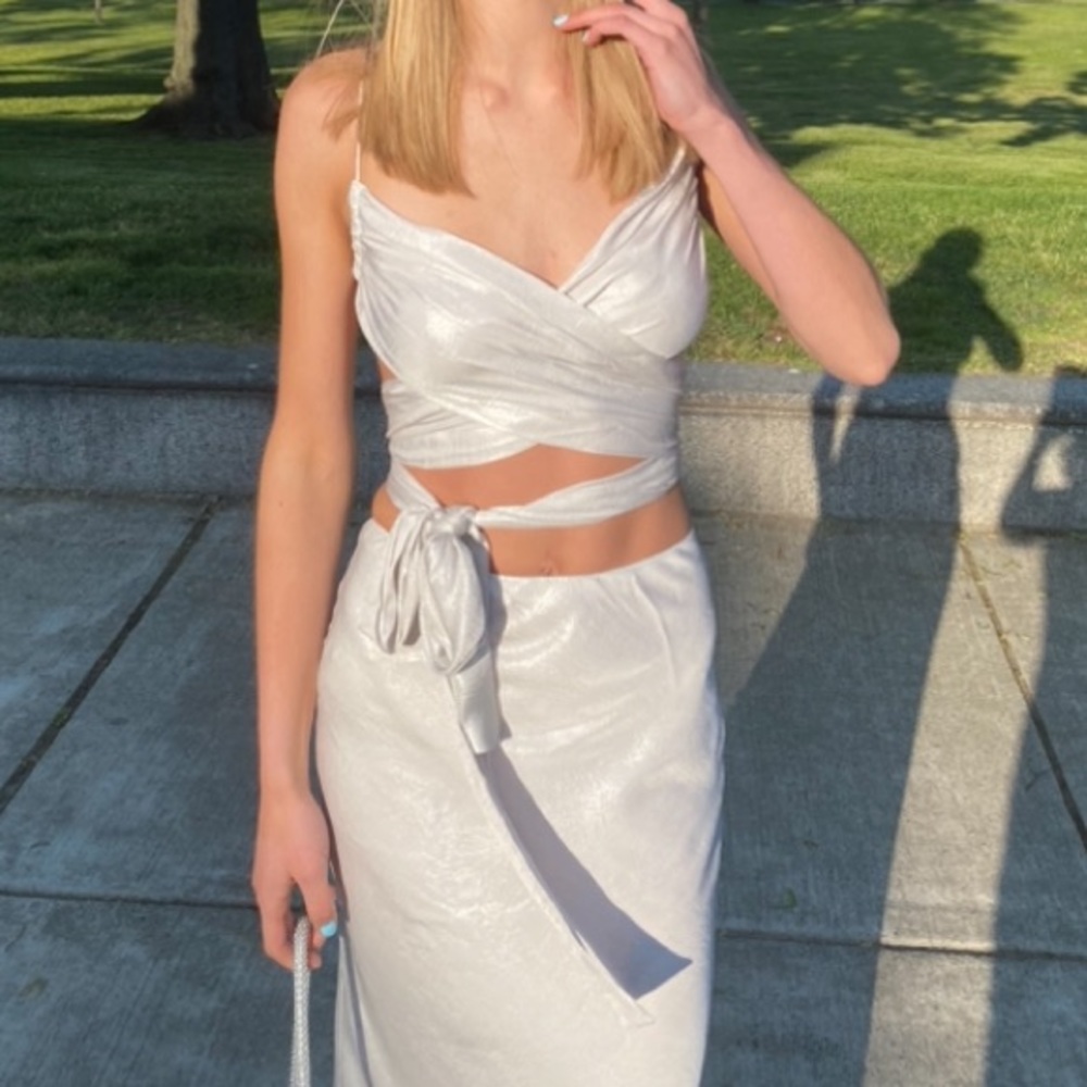 Meshki white wrap top and matching skirt